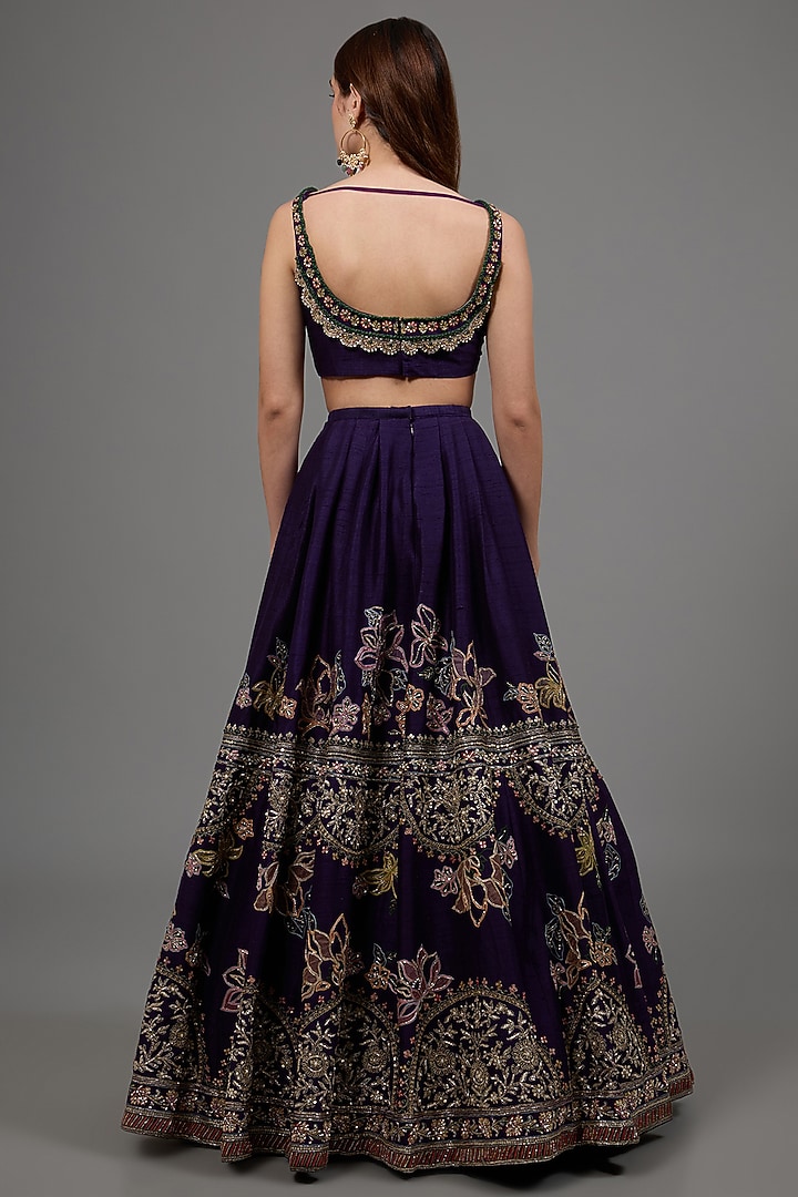 Purple Raw Silk Sequins & Crystal Embroidered Bridal Lehenga Set by Ridhi Mehra at Pernia's Pop Up Shop
