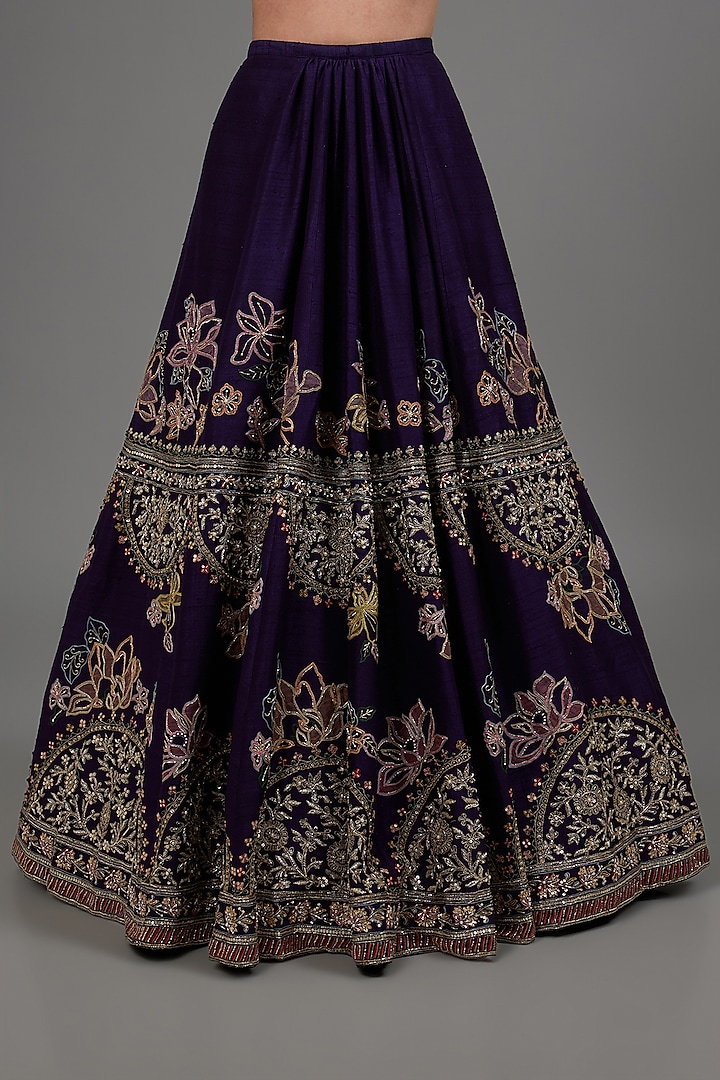 Purple Raw Silk Sequins & Crystal Embroidered Bridal Lehenga Set by Ridhi Mehra at Pernia's Pop Up Shop
