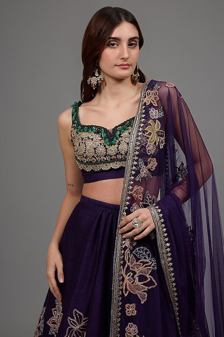 Purple Raw Silk Sequins & Crystal Embroidered Bridal Lehenga Set by Ridhi Mehra at Pernia's Pop Up Shop