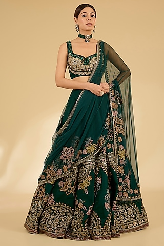 Emerald Green Raw Silk Lehenga Set by Ridhi Mehra