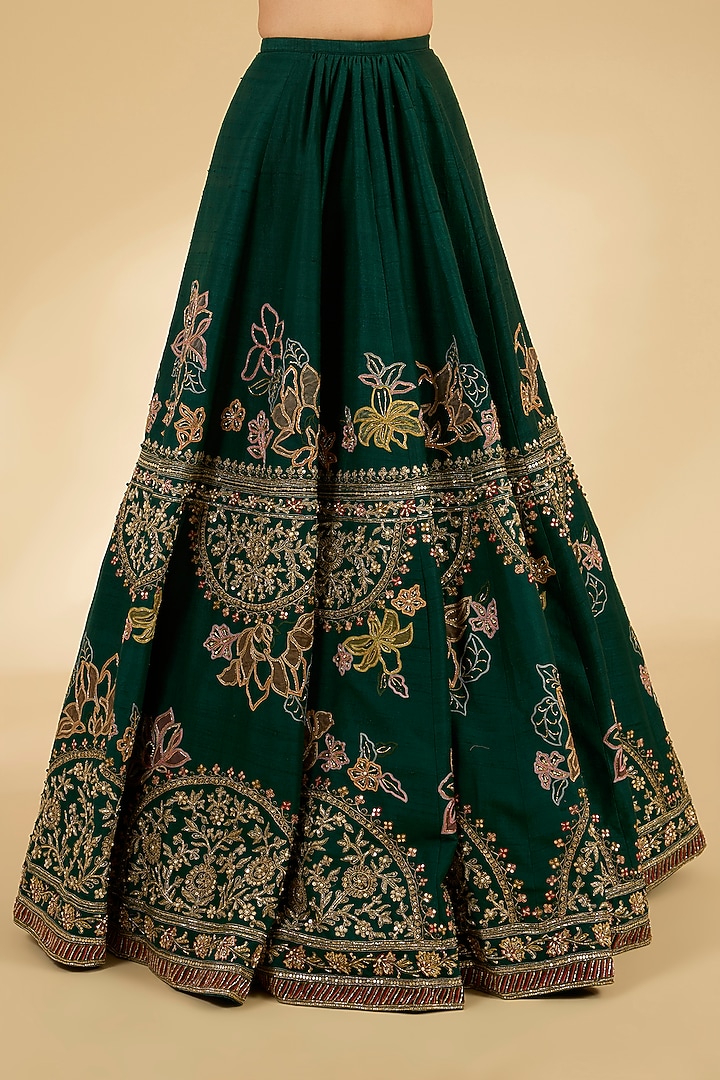 Emerald Green Raw Silk Bridal Lehenga Set by Ridhi Mehra at Pernia's Pop Up Shop