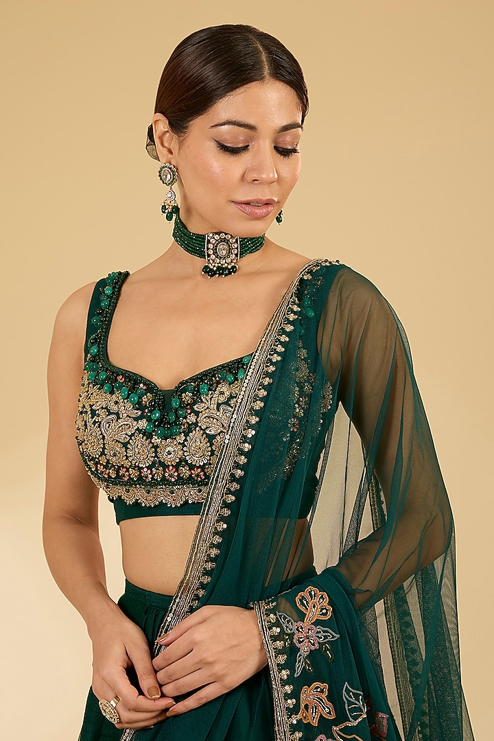 Emerald Green Raw Silk Bridal Lehenga Set by Ridhi Mehra at Pernia's Pop Up Shop