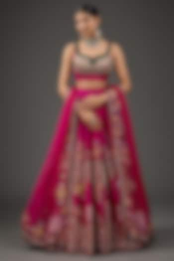 Deep Fuchsia Raw Silk Motif Embroidered Bridal Lehenga Set by Ridhi Mehra at Pernia's Pop Up Shop