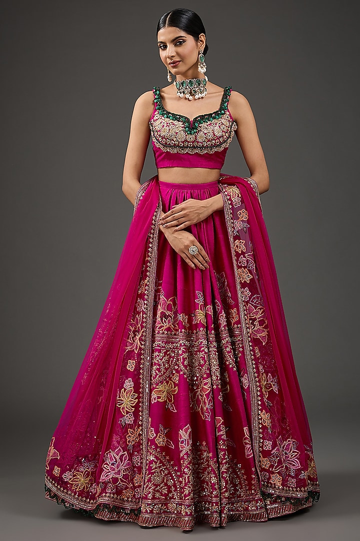 Deep Fuchsia Raw Silk Motif Embroidered Bridal Lehenga Set by Ridhi Mehra at Pernia's Pop Up Shop