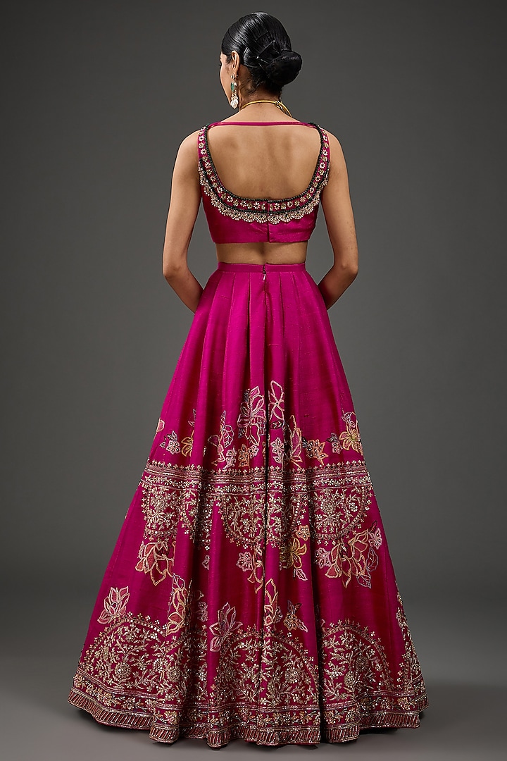Deep Fuchsia Raw Silk Motif Embroidered Bridal Lehenga Set by Ridhi Mehra at Pernia's Pop Up Shop