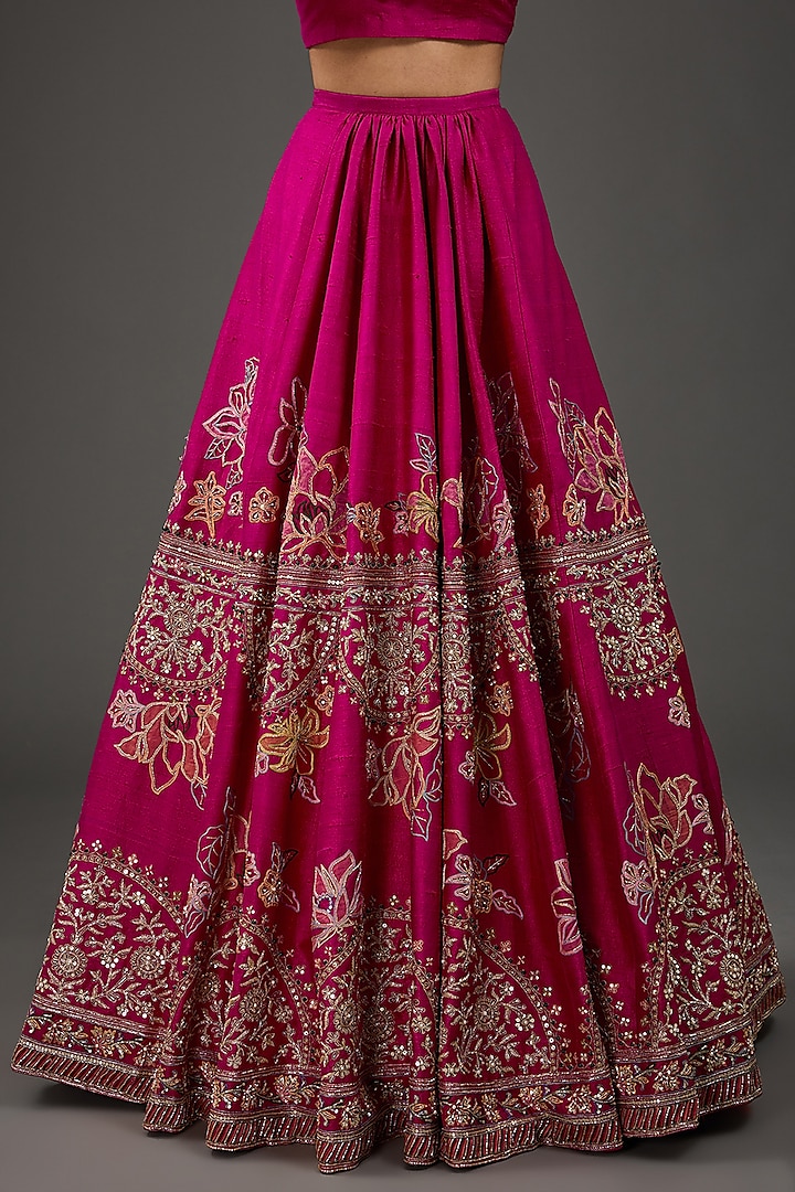 Deep Fuchsia Raw Silk Motif Embroidered Bridal Lehenga Set by Ridhi Mehra at Pernia's Pop Up Shop