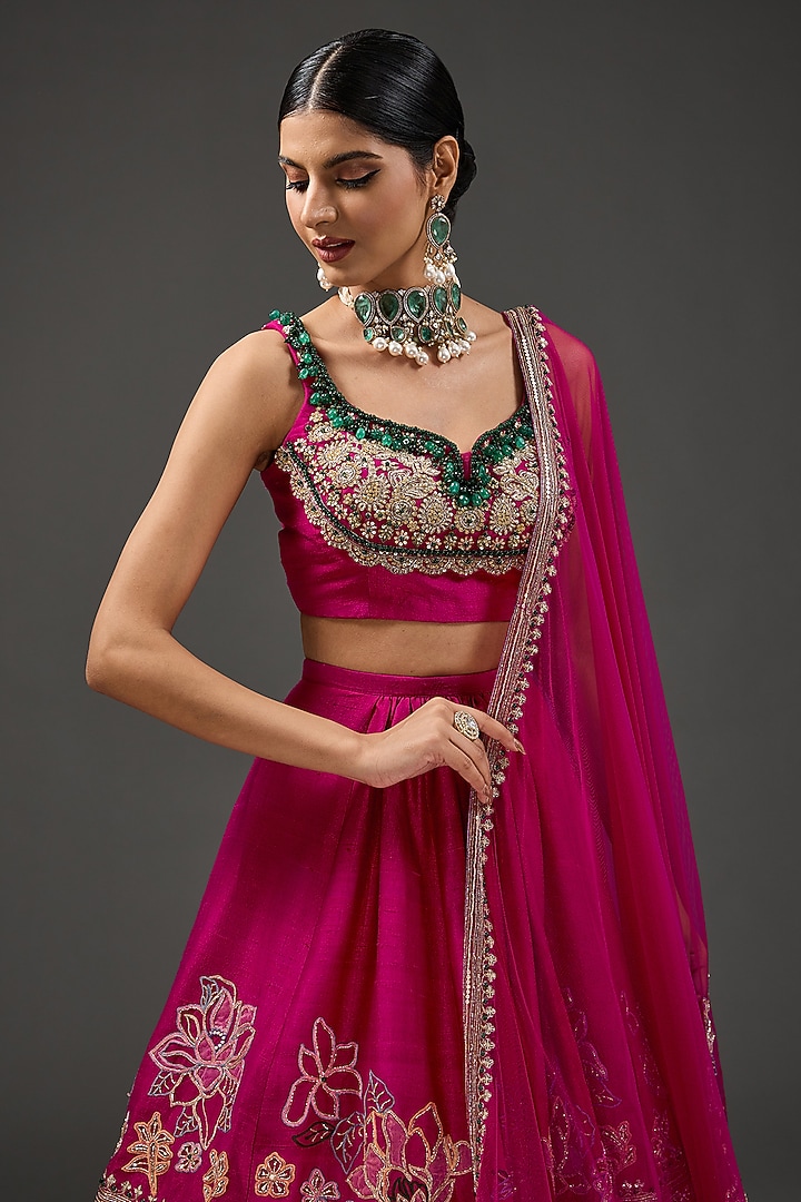 Deep Fuchsia Raw Silk Motif Embroidered Bridal Lehenga Set by Ridhi Mehra at Pernia's Pop Up Shop