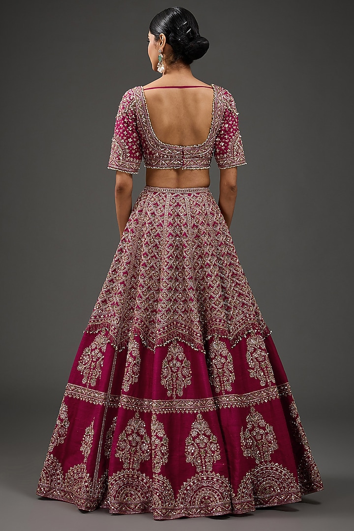Deep Fuchsia Raw Silk Embroidered Bridal Lehenga Set by Ridhi Mehra at Pernia's Pop Up Shop