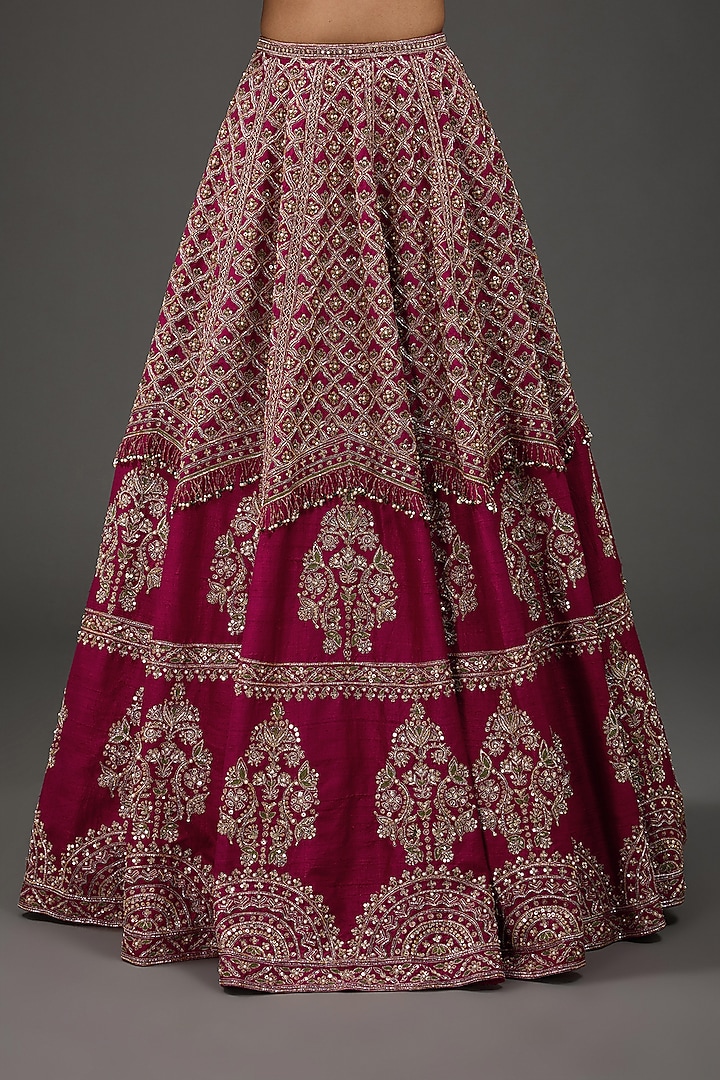 Deep Fuchsia Raw Silk Embroidered Bridal Lehenga Set by Ridhi Mehra at Pernia's Pop Up Shop