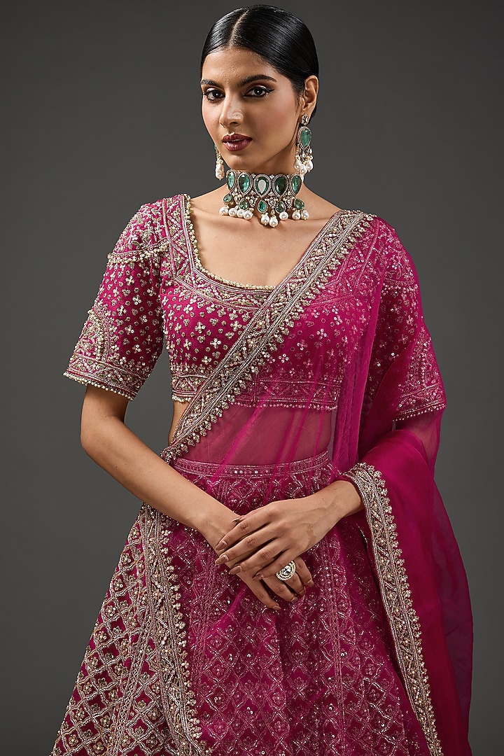Deep Fuchsia Raw Silk Embroidered Bridal Lehenga Set by Ridhi Mehra at Pernia's Pop Up Shop