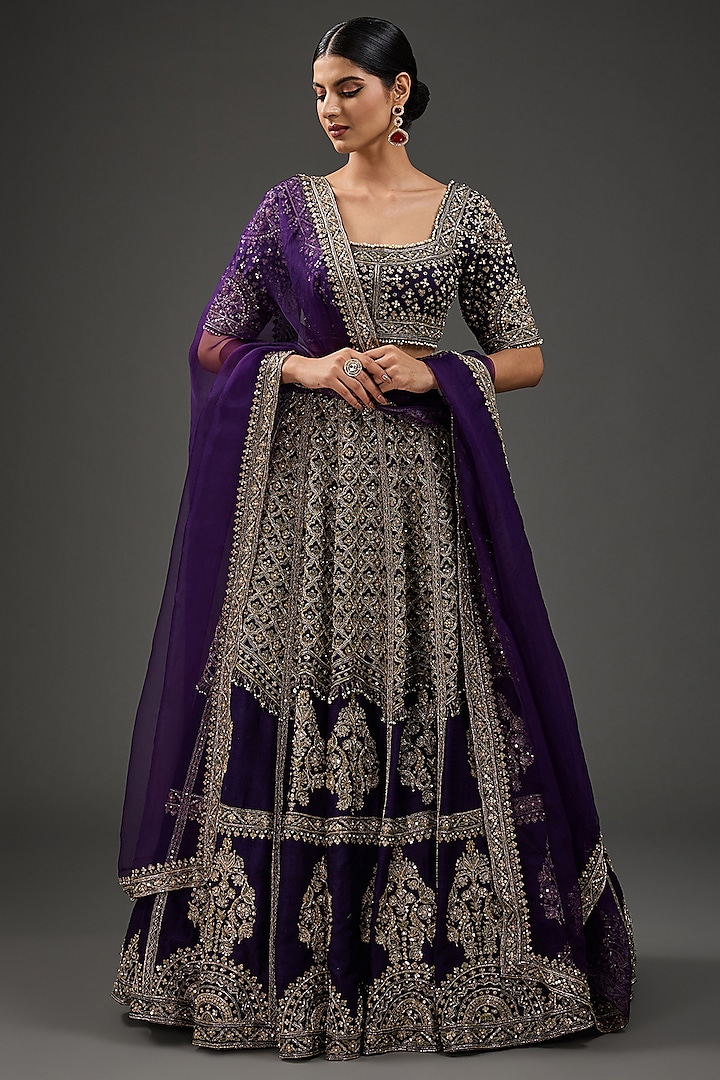 Purple Raw Silk Embroidered Bridal Lehenga Set by Ridhi Mehra at Pernia's Pop Up Shop