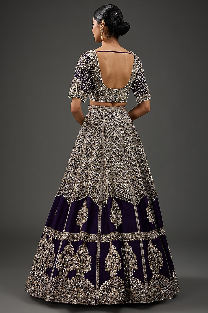 Purple Raw Silk Embroidered Bridal Lehenga Set by Ridhi Mehra at Pernia's Pop Up Shop