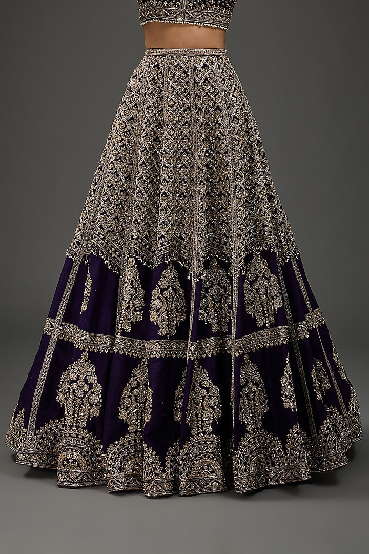Purple Raw Silk Embroidered Bridal Lehenga Set by Ridhi Mehra at Pernia's Pop Up Shop