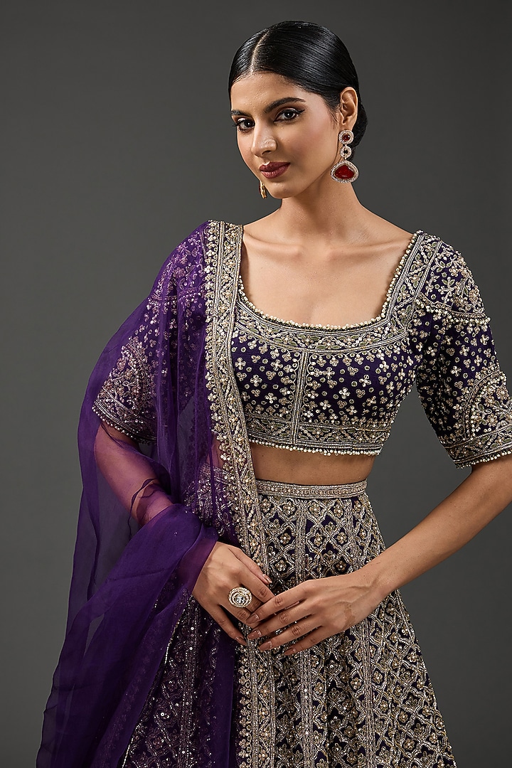 Purple Raw Silk Embroidered Bridal Lehenga Set by Ridhi Mehra at Pernia's Pop Up Shop