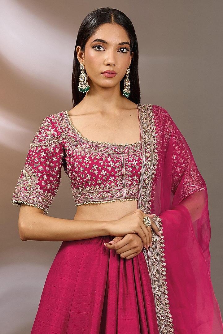 Deep Fuchsia Raw Silk Bridal Lehenga Set by Ridhi Mehra at Pernia's Pop Up Shop
