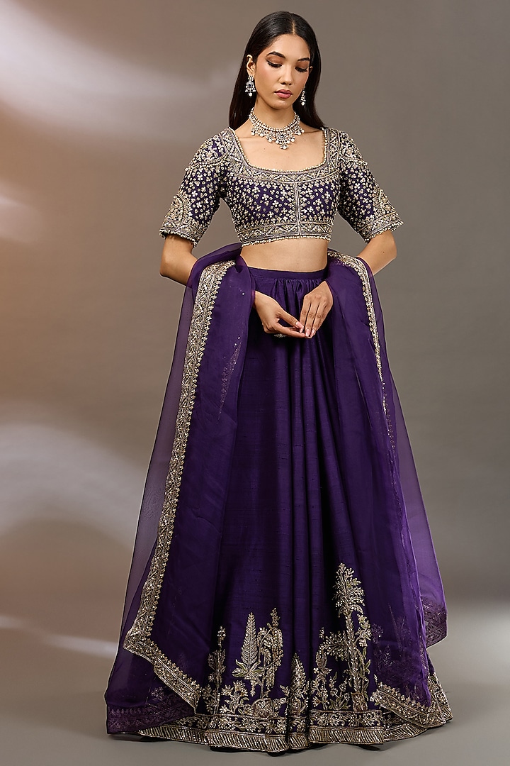 Purple Raw Silk Bridal Lehenga Set by Ridhi Mehra at Pernia's Pop Up Shop