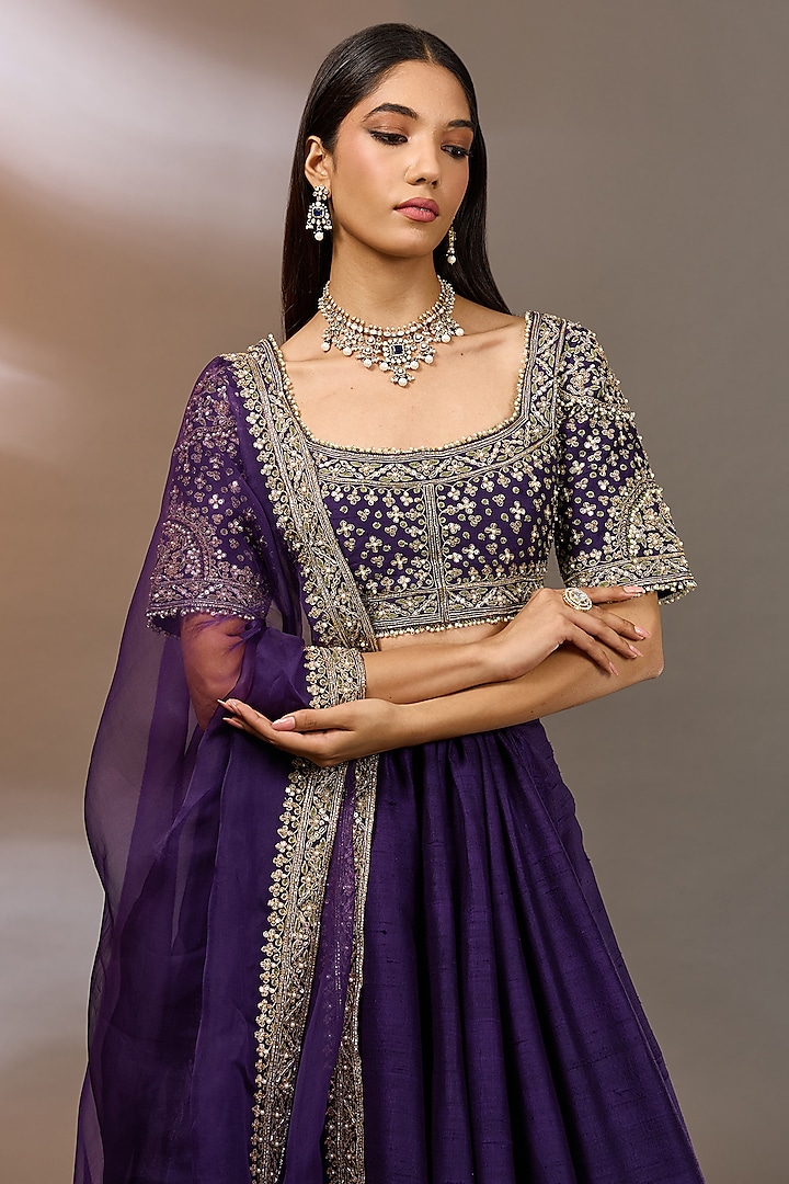 Purple Raw Silk Bridal Lehenga Set by Ridhi Mehra at Pernia's Pop Up Shop