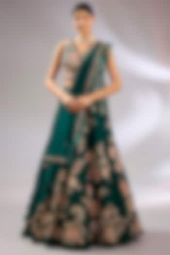 Emerald Green Raw Silk Floral Embroidered Bridal Lehenga Set by Ridhi Mehra at Pernia's Pop Up Shop