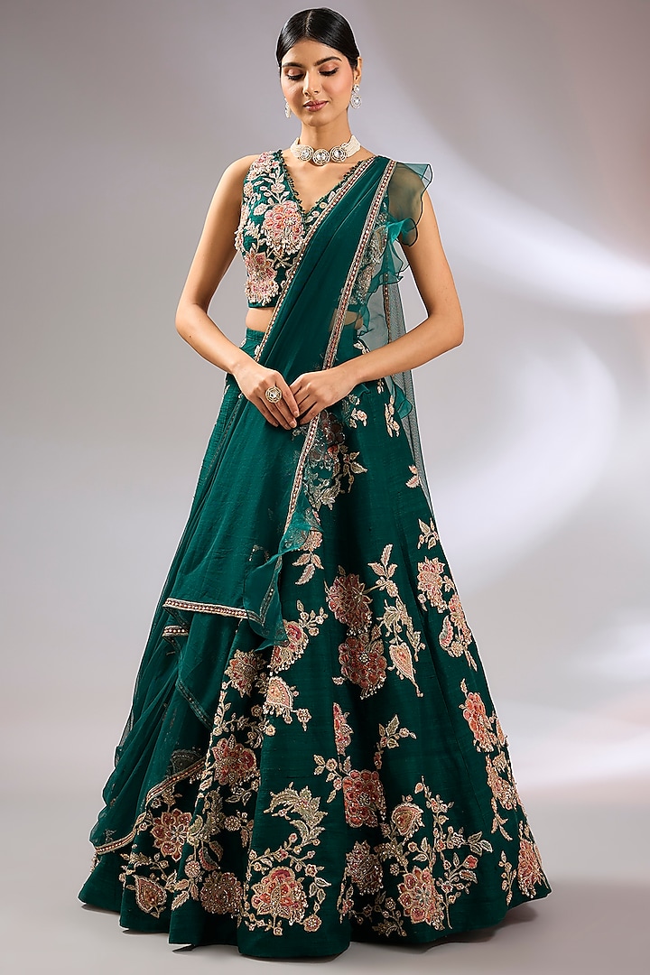 Emerald Green Raw Silk Floral Embroidered Bridal Lehenga Set by Ridhi Mehra at Pernia's Pop Up Shop