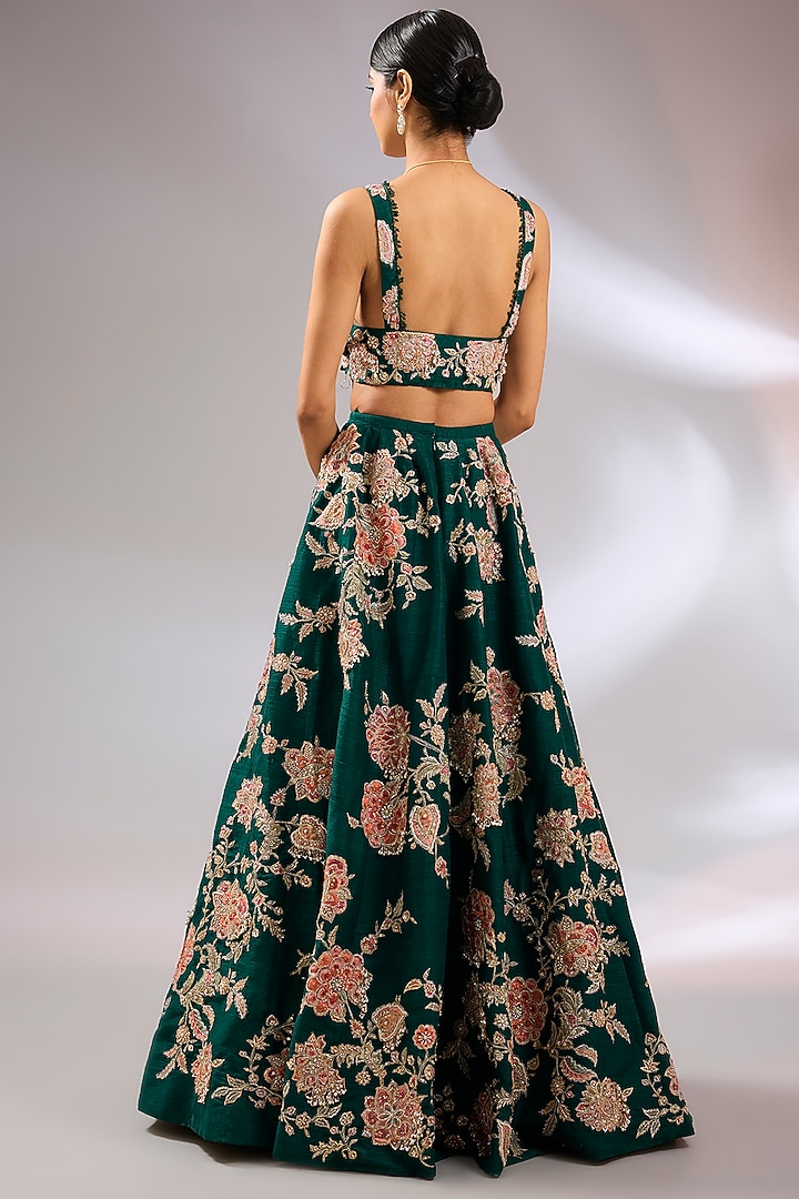 Emerald Green Raw Silk Floral Embroidered Bridal Lehenga Set by Ridhi Mehra at Pernia's Pop Up Shop