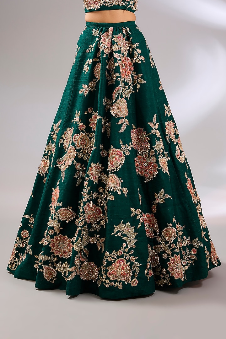 Emerald Green Raw Silk Floral Embroidered Bridal Lehenga Set by Ridhi Mehra at Pernia's Pop Up Shop