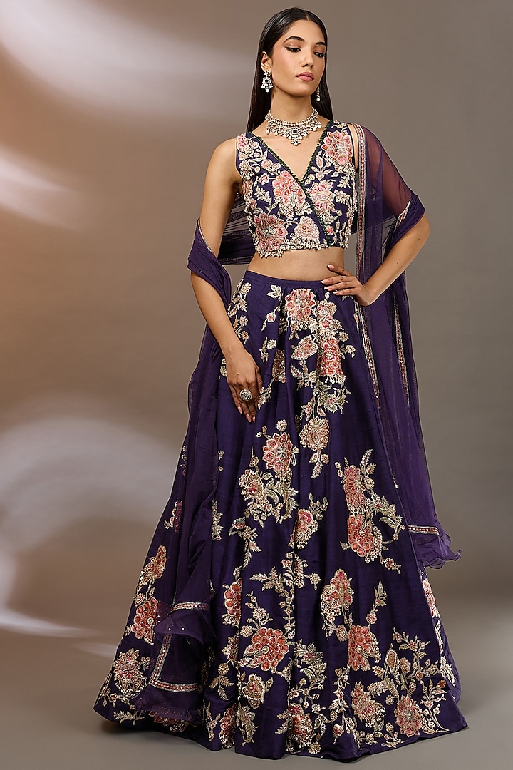 Purple Raw Silk Floral Embroidered Bridal Lehenga Set by Ridhi Mehra at Pernia's Pop Up Shop