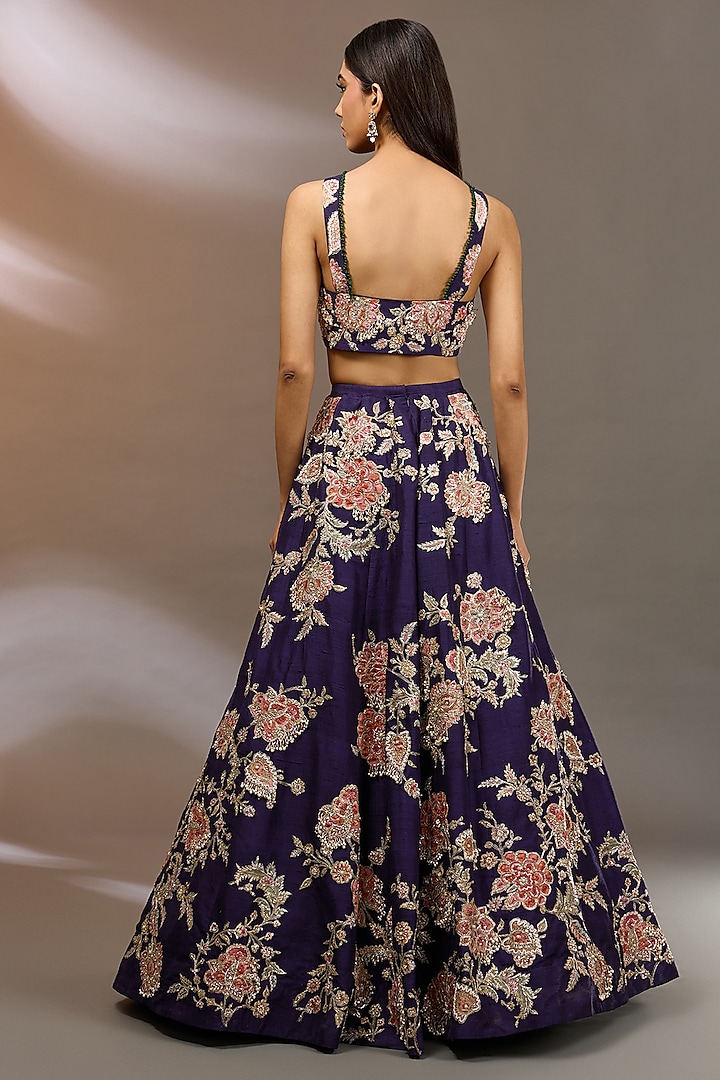 Purple Raw Silk Floral Embroidered Bridal Lehenga Set by Ridhi Mehra at Pernia's Pop Up Shop