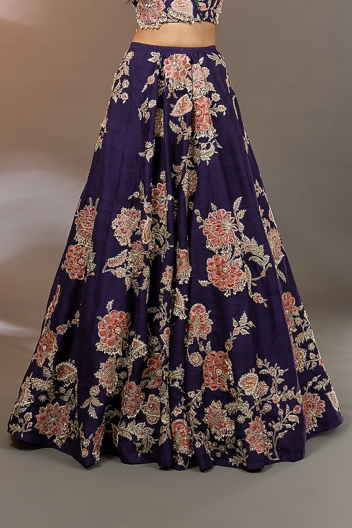 Purple Raw Silk Floral Embroidered Bridal Lehenga Set by Ridhi Mehra at Pernia's Pop Up Shop