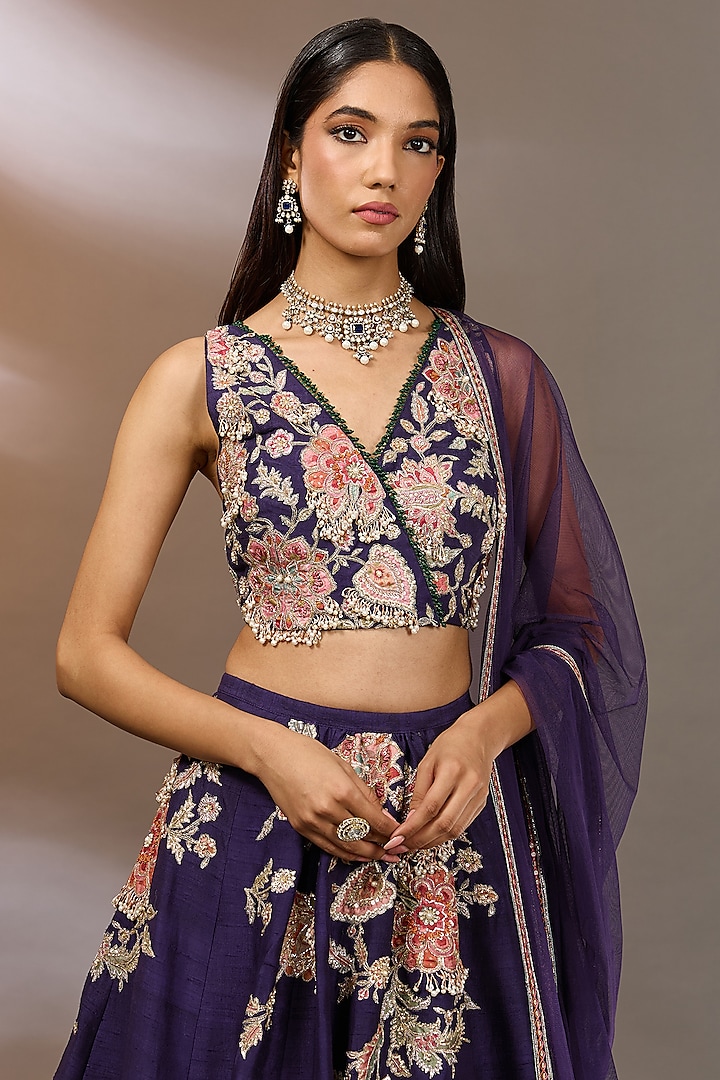 Purple Raw Silk Floral Embroidered Bridal Lehenga Set by Ridhi Mehra at Pernia's Pop Up Shop