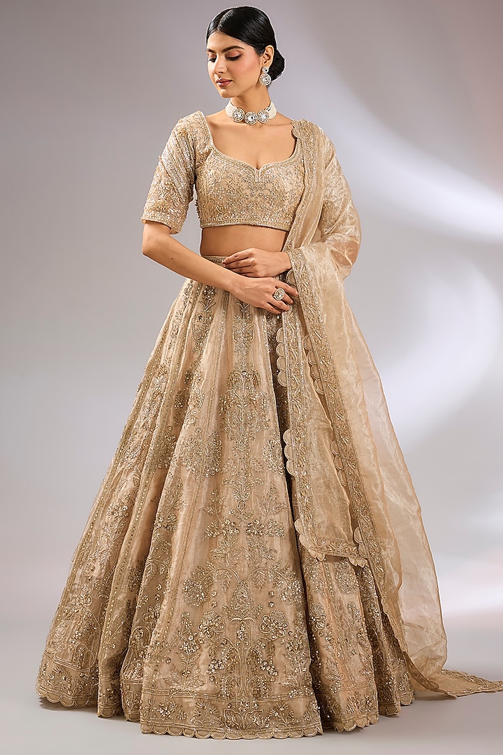 Gold Tissue Hand Embroidered Bridal Lehenga Set by Ridhi Mehra at Pernia's Pop Up Shop