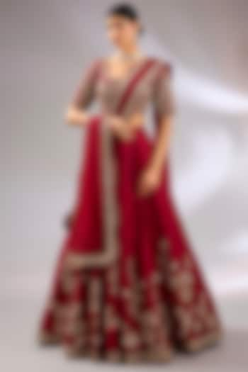 Red Raw Silk Embroidered Bridal Lehenga Set by Ridhi Mehra at Pernia's Pop Up Shop