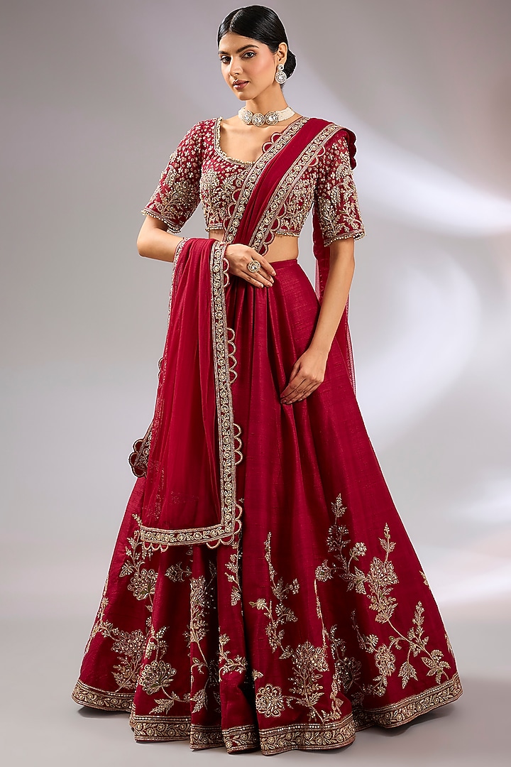 Red Raw Silk Embroidered Bridal Lehenga Set by Ridhi Mehra at Pernia's Pop Up Shop