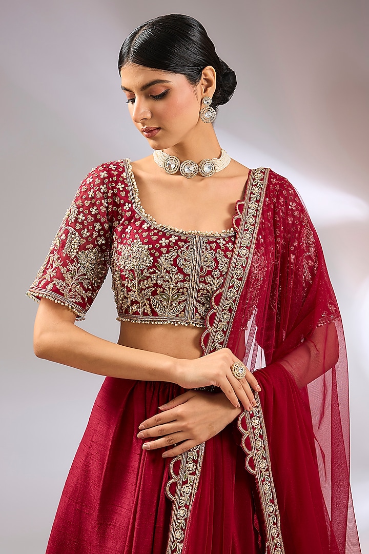 Red Raw Silk Embroidered Bridal Lehenga Set by Ridhi Mehra at Pernia's Pop Up Shop