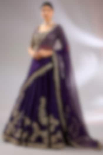 Purple Raw Silk Embroidered Bridal Lehenga Set by Ridhi Mehra at Pernia's Pop Up Shop