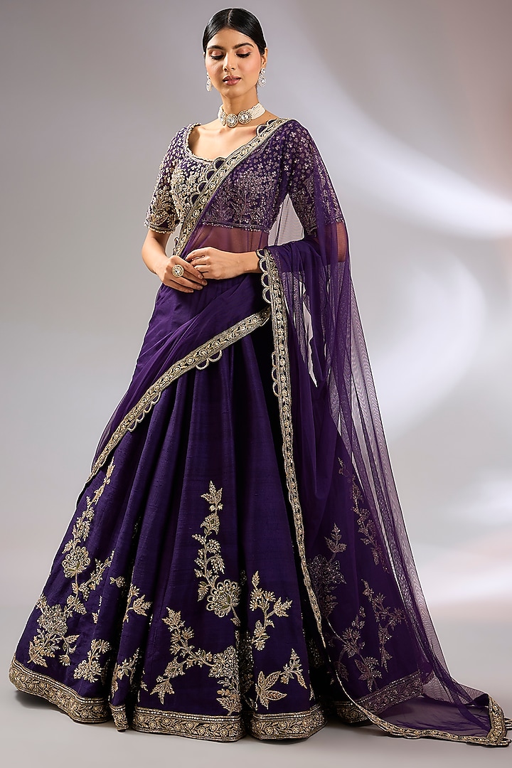 Purple Raw Silk Embroidered Bridal Lehenga Set by Ridhi Mehra at Pernia's Pop Up Shop