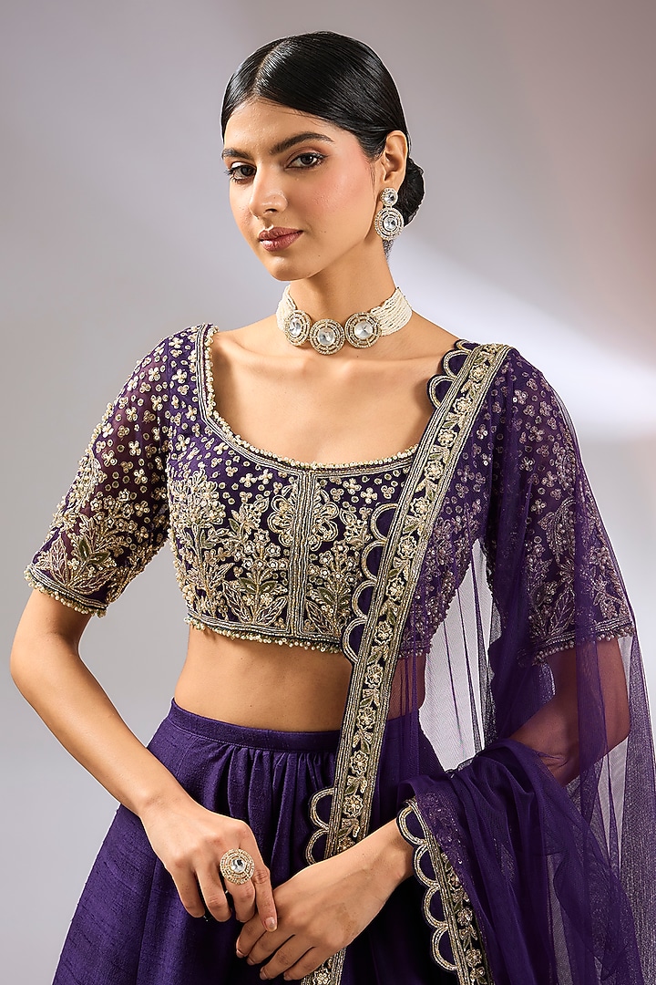 Purple Raw Silk Embroidered Bridal Lehenga Set by Ridhi Mehra at Pernia's Pop Up Shop