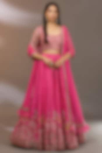 Fuchsia Raw Silk Embroidered Bridal Lehenga Set by Ridhi Mehra at Pernia's Pop Up Shop