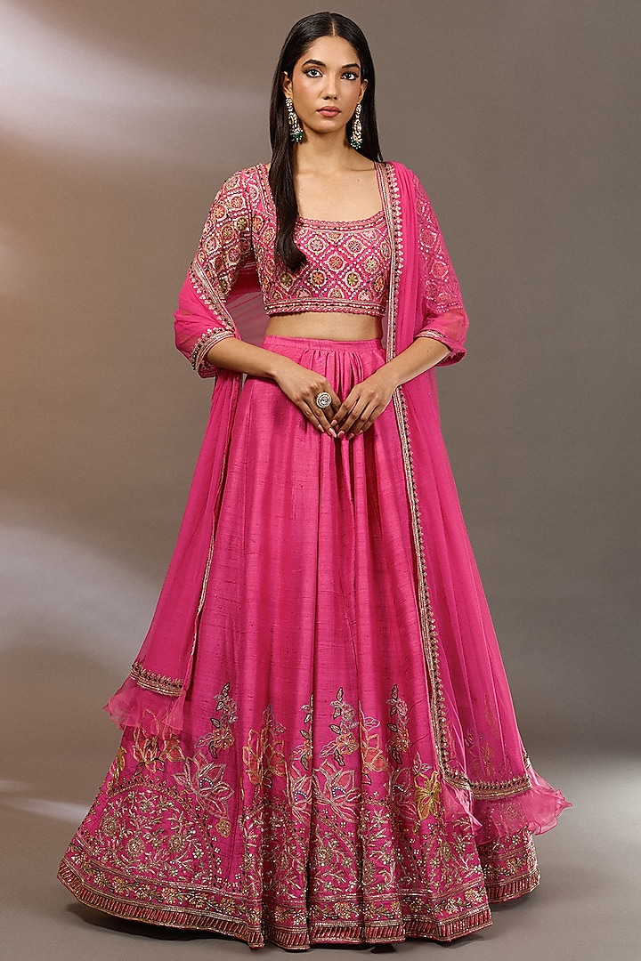 Fuchsia Raw Silk Embroidered Bridal Lehenga Set by Ridhi Mehra at Pernia's Pop Up Shop