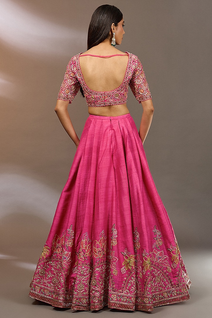 Fuchsia Raw Silk Embroidered Bridal Lehenga Set by Ridhi Mehra at Pernia's Pop Up Shop