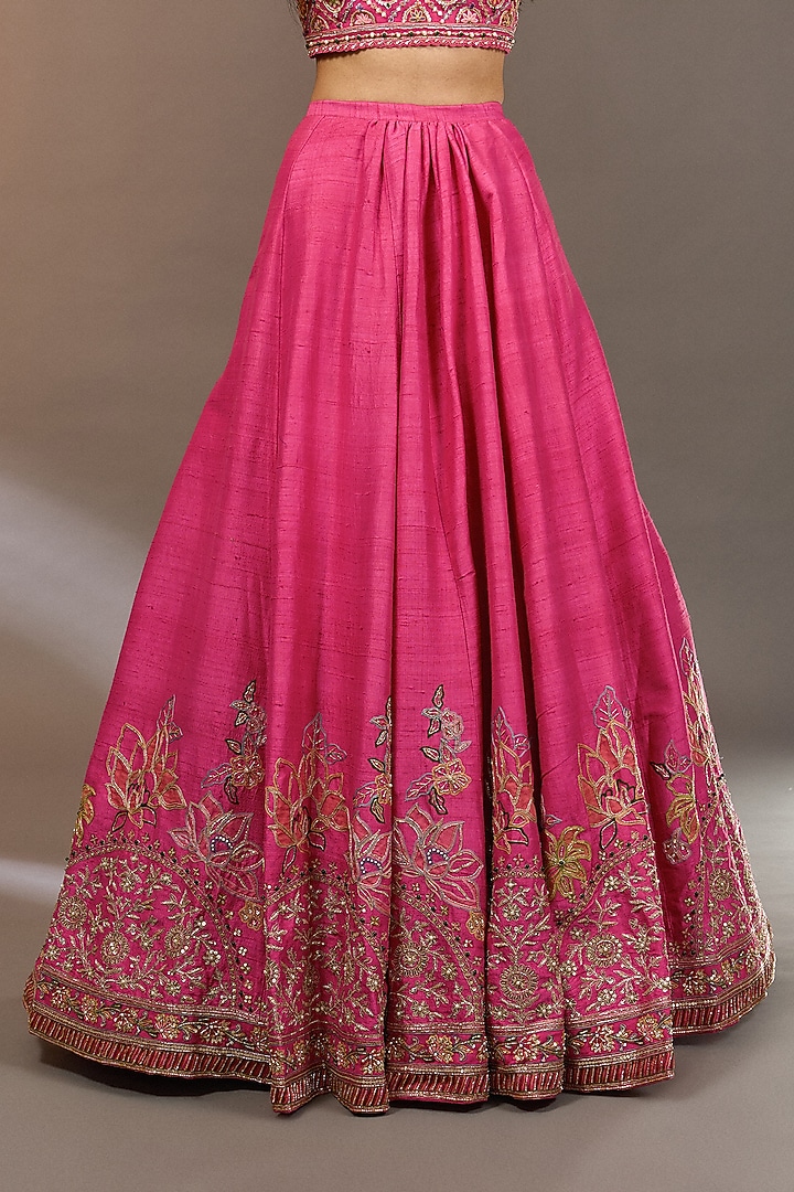 Fuchsia Raw Silk Embroidered Bridal Lehenga Set by Ridhi Mehra at Pernia's Pop Up Shop