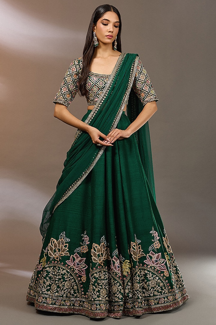 Emerald Green Raw Silk Embroidered Bridal Lehenga Set by Ridhi Mehra at Pernia's Pop Up Shop