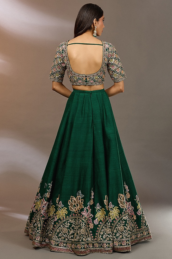Emerald Green Raw Silk Embroidered Bridal Lehenga Set by Ridhi Mehra at Pernia's Pop Up Shop