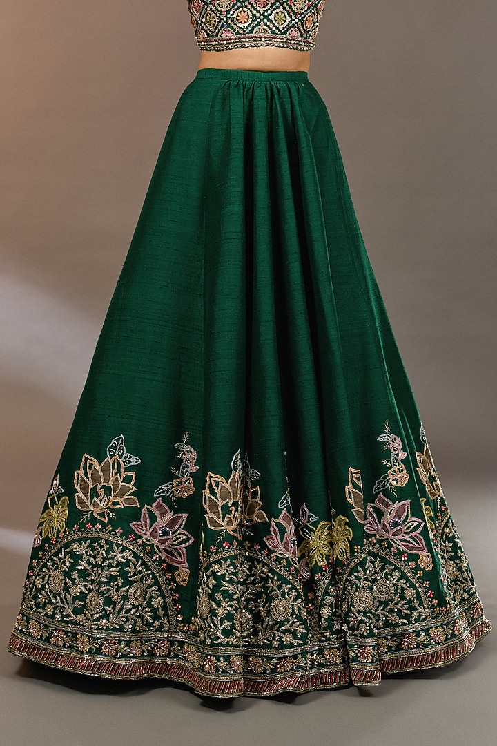 Emerald Green Raw Silk Embroidered Bridal Lehenga Set by Ridhi Mehra at Pernia's Pop Up Shop