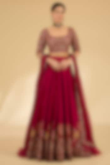 Red Raw Silk Embroidered Bridal Lehenga Set by Ridhi Mehra at Pernia's Pop Up Shop