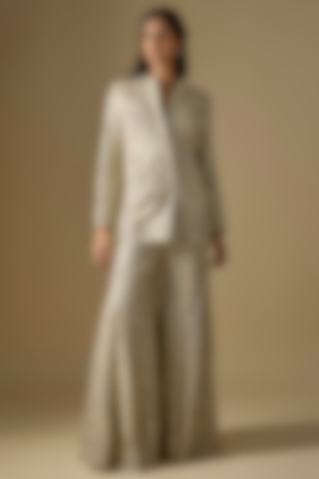 Silver & Green Net Floral Embroidered Jacket Set by Ridhi Mehra at Pernia's Pop Up Shop