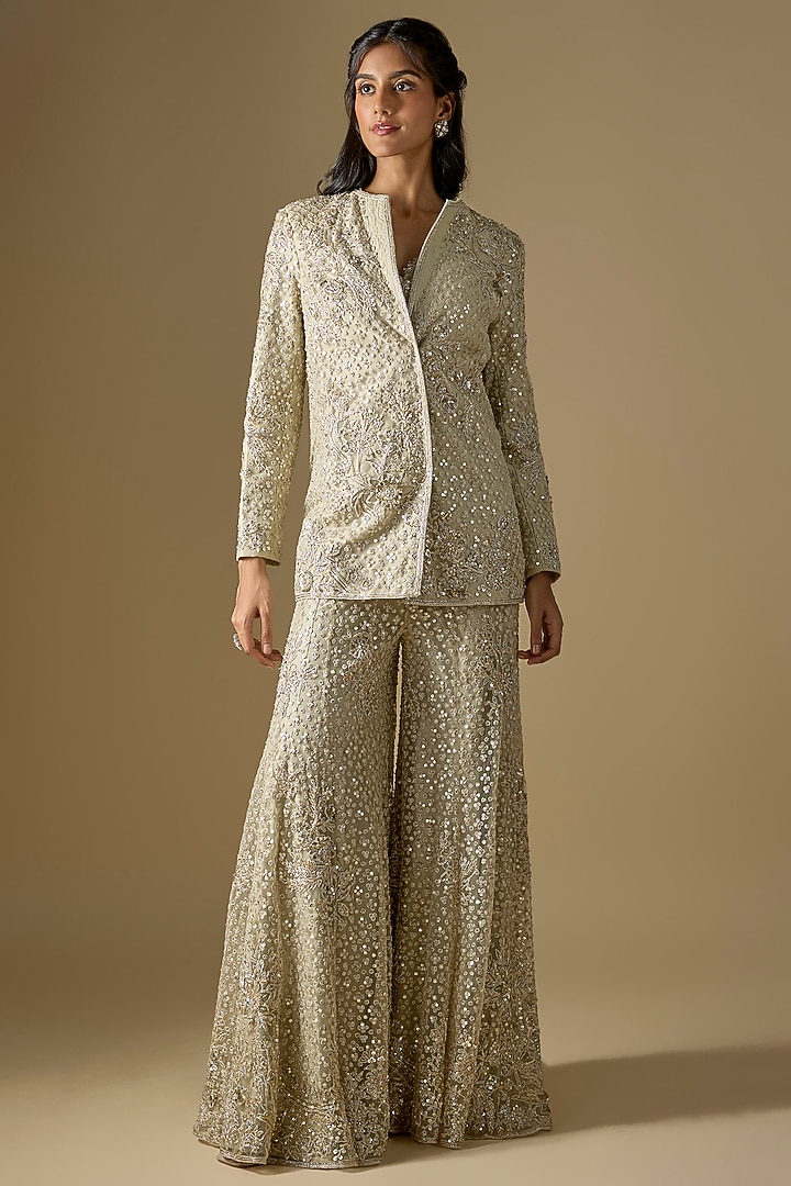 Silver & Green Net Floral Embroidered Jacket Set by Ridhi Mehra at Pernia's Pop Up Shop