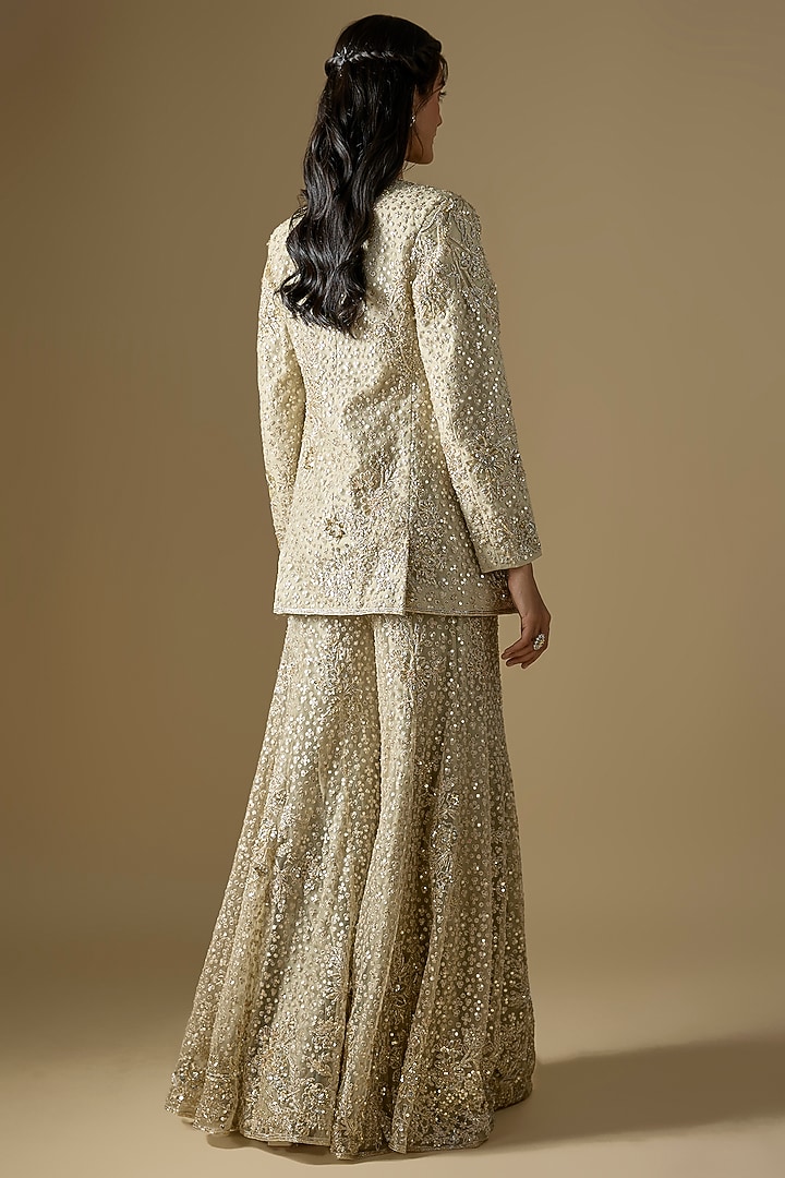 Silver & Green Net Floral Embroidered Jacket Set by Ridhi Mehra at Pernia's Pop Up Shop