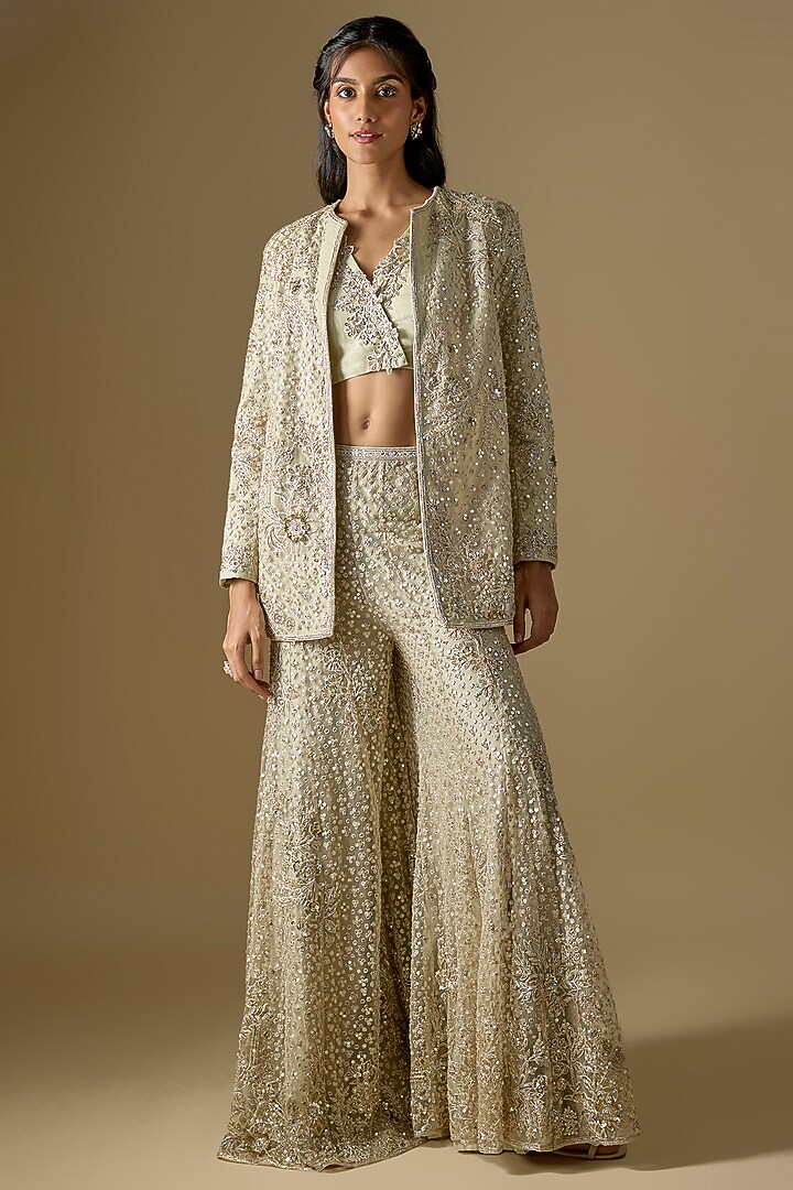 Silver & Green Net Floral Embroidered Jacket Set by Ridhi Mehra at Pernia's Pop Up Shop