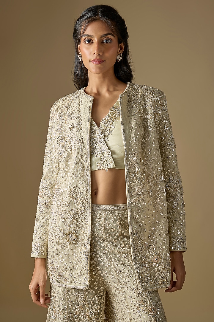 Silver & Green Net Floral Embroidered Jacket Set by Ridhi Mehra at Pernia's Pop Up Shop