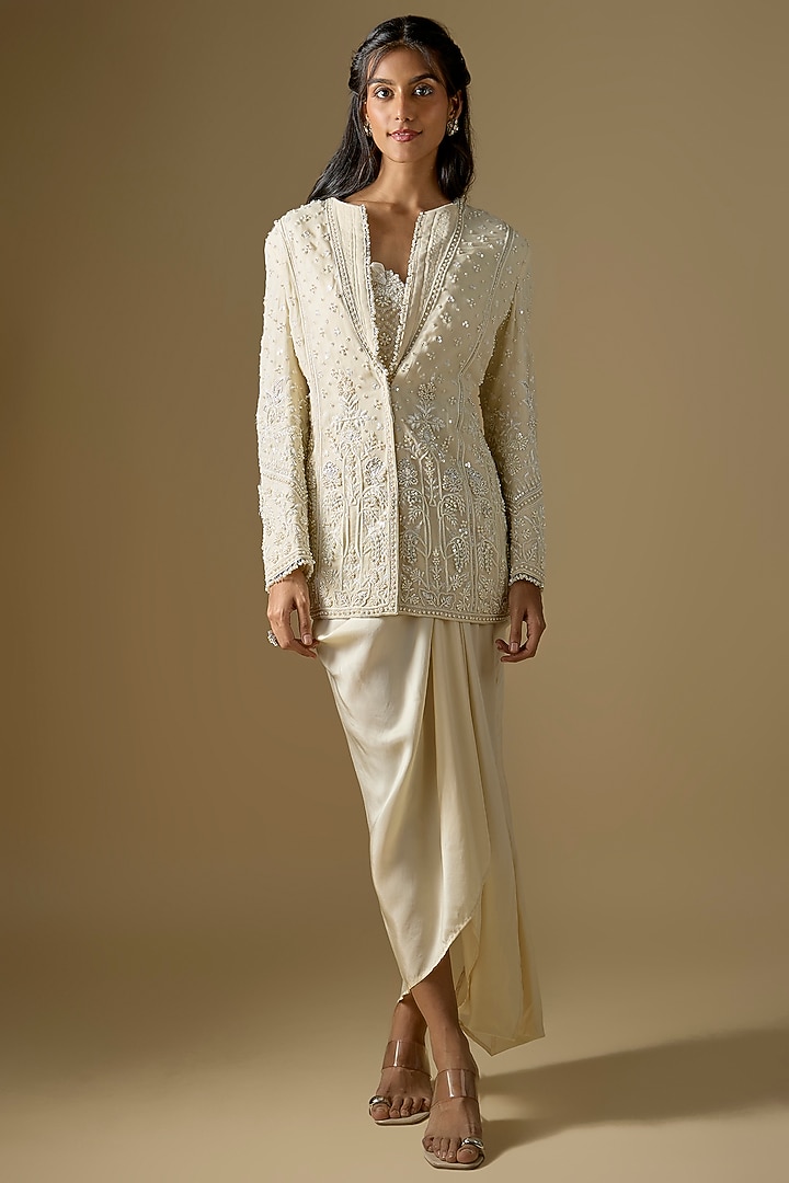 Ivory Georgette Draped Skirt Set by Ridhi Mehra at Pernia's Pop Up Shop